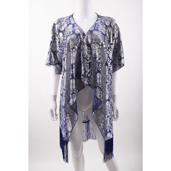 LulaRoe Womens Monroe Fringe CoverUp Duster Shawl Top S Small Blue Silver NWT - Picture 1 of 6